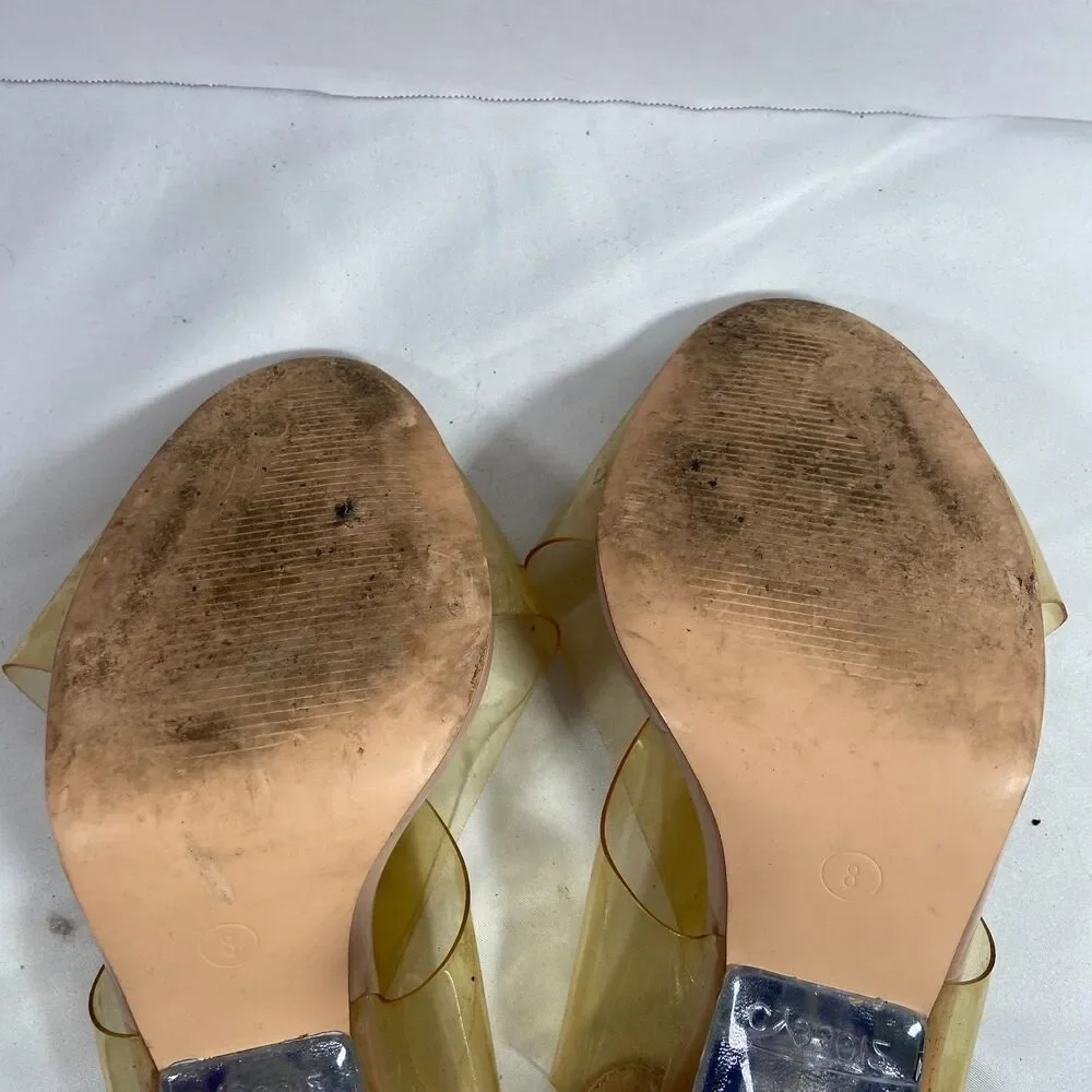 Qupid Womens 8 Nude Clear Strap Block Heel Sandals Pink Vinyl